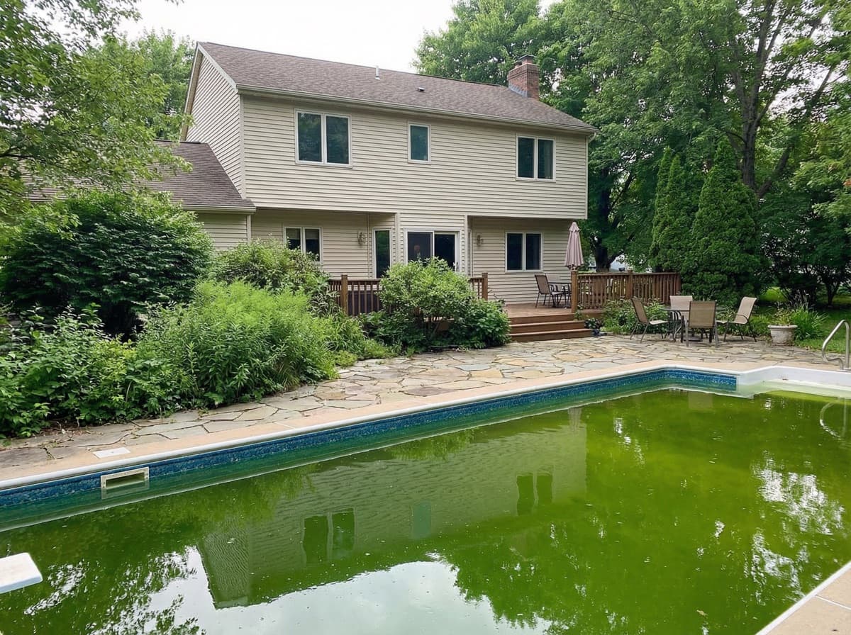Green pool restored to clear water — before pool service work