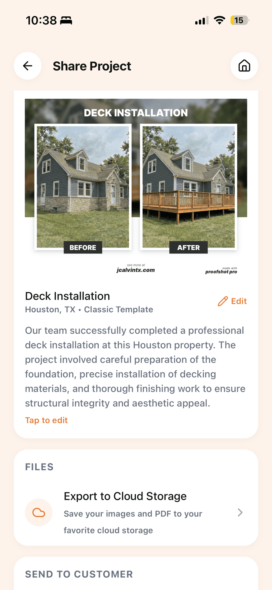 ProofShot Pro app showing a handyman services project