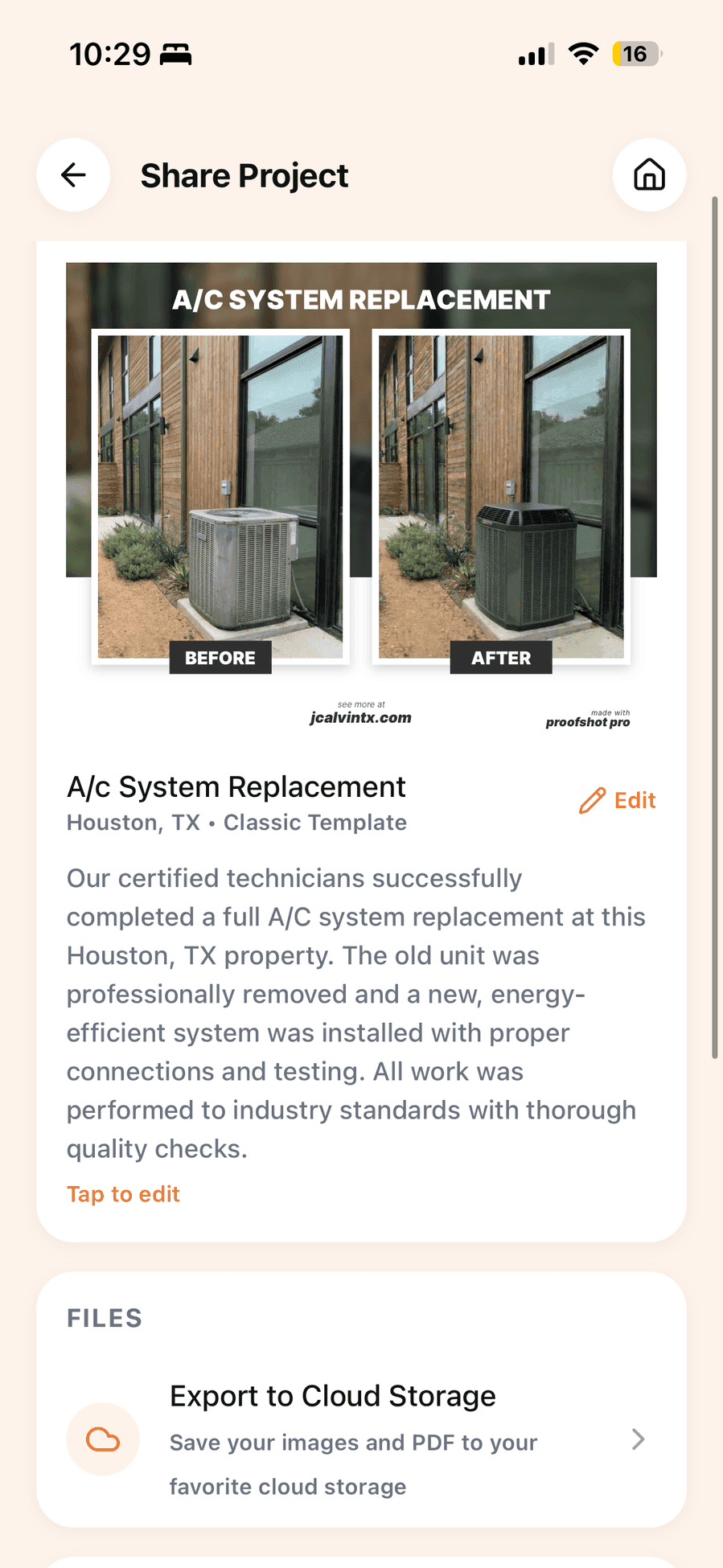 ProofShot Pro app showing a hvac project