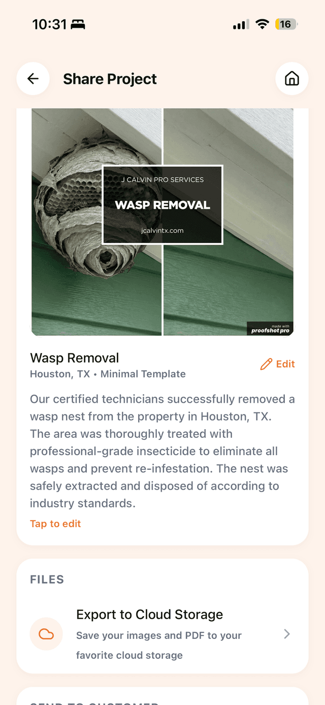 ProofShot Pro app showing a pest control project