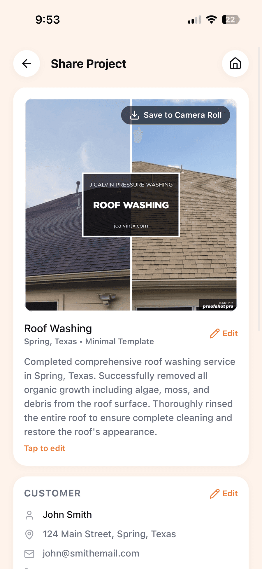 ProofShot Pro app showing a pressure washing project