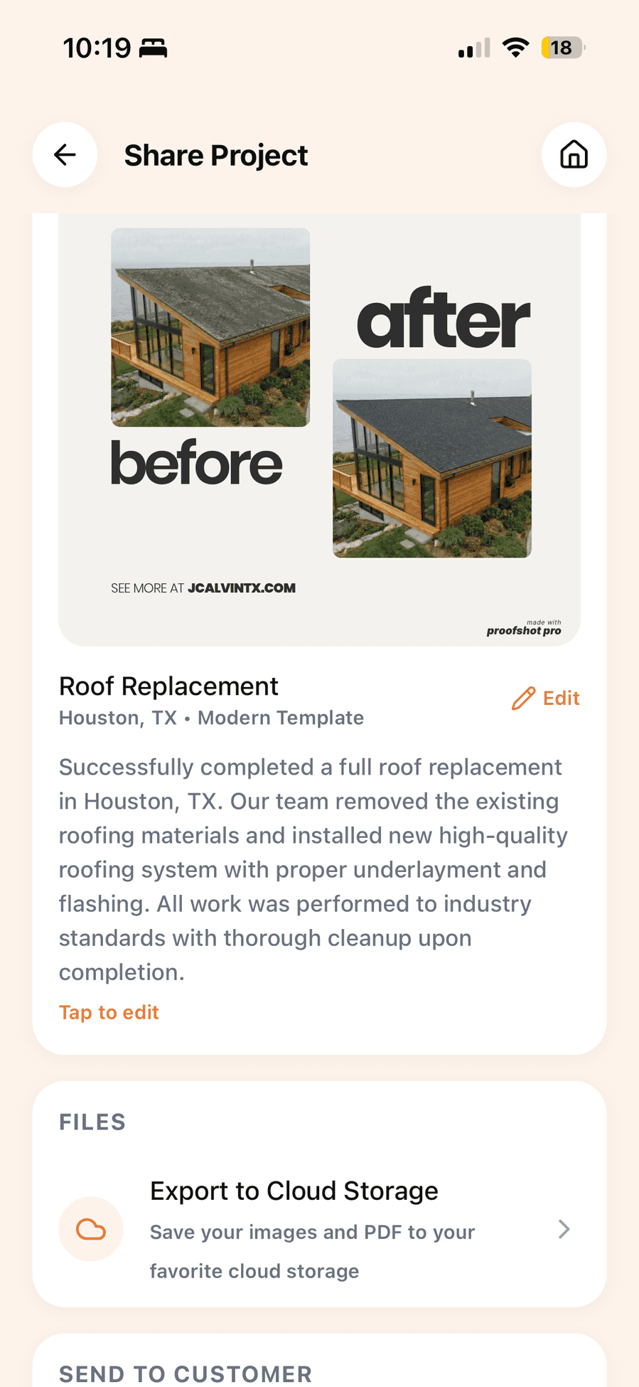 ProofShot Pro app showing a roofing project
