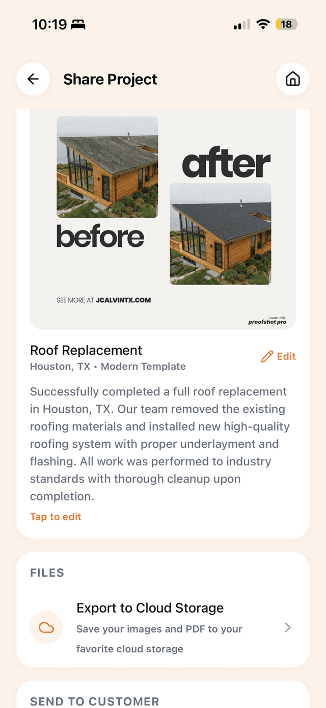 ProofShot Pro app showing a roofing project